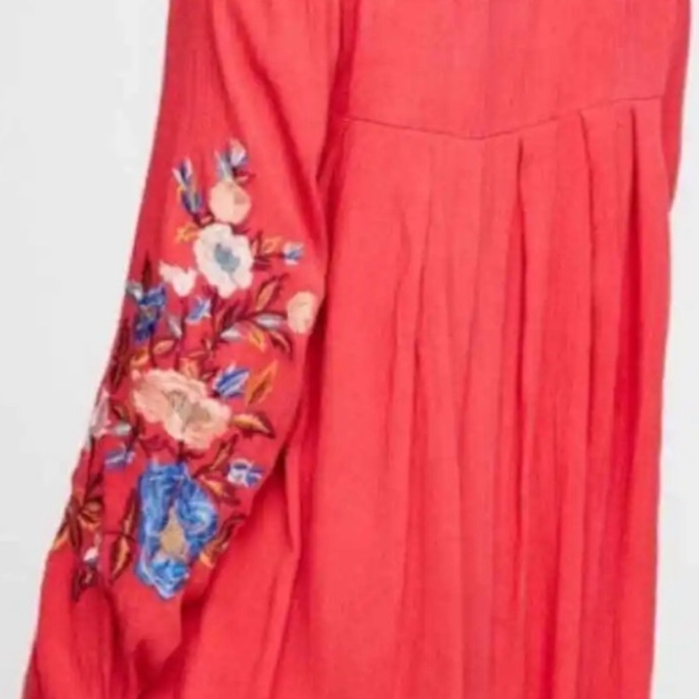 Free People Mia Boho Coral Floral Embroidered V Neck Long Sleeve Mini Dress - Picture 2 of 12